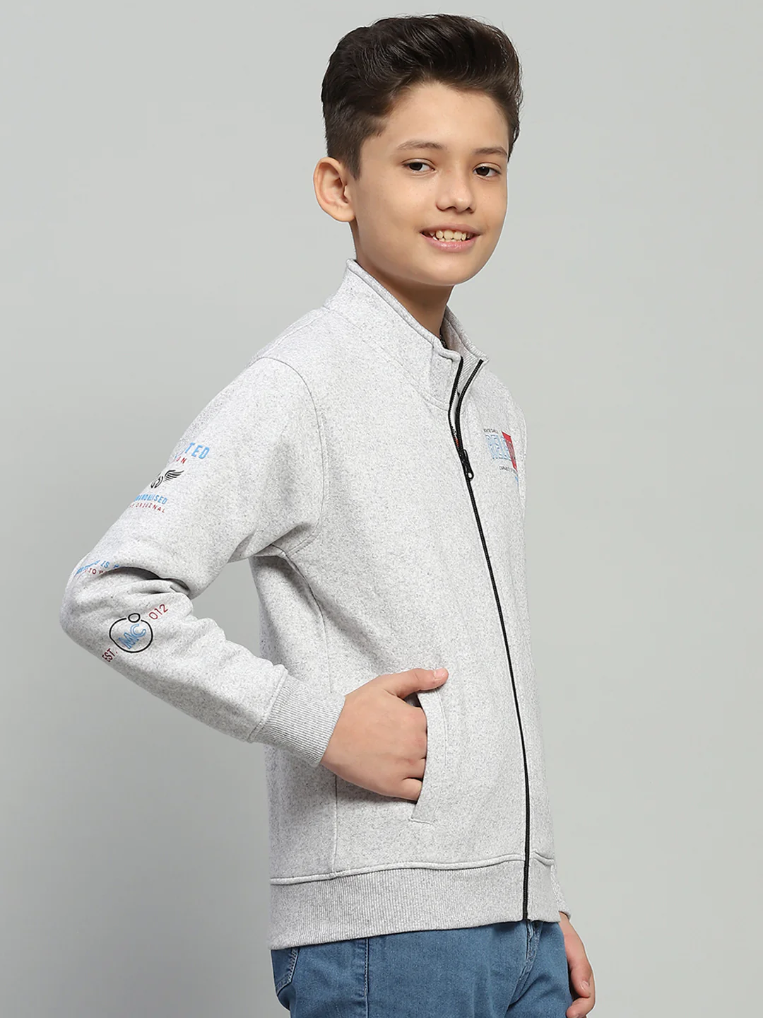 Boys Grey Printed Mock Neck Full Sleeve Sweatshirt - Image 4