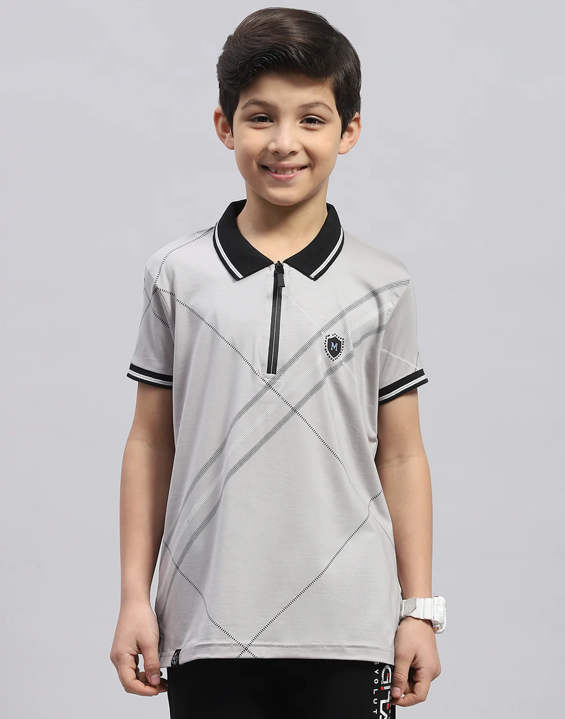 Boys Grey Printed Polo Collar Half Sleeve T-Shirt - Image 2