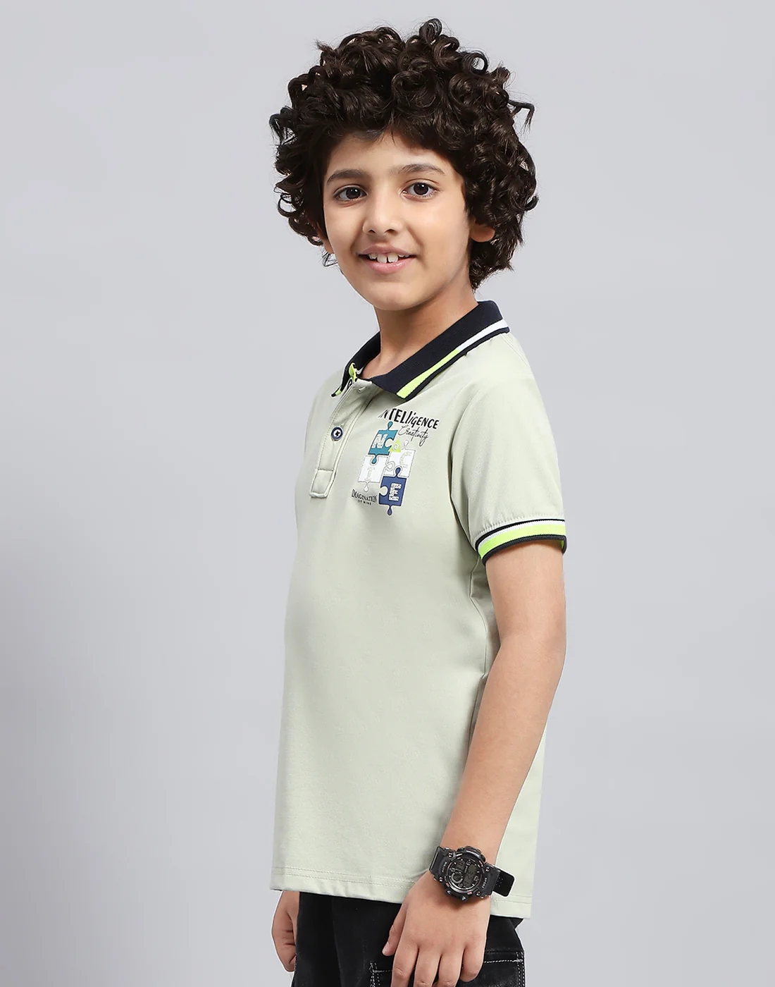 Boys Grey Printed Polo Collar Half Sleeve T-Shirt - Image 4