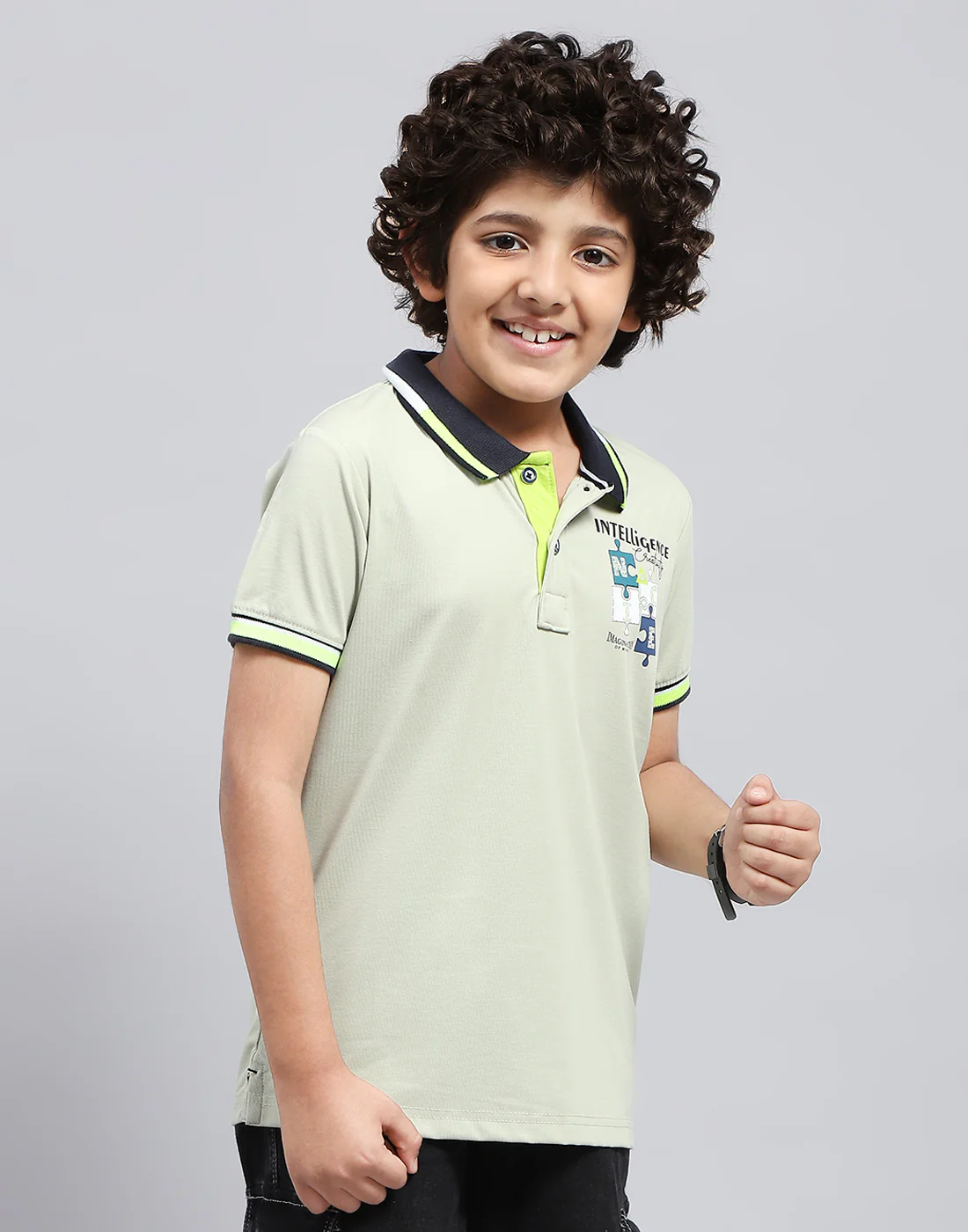 Boys Grey Printed Polo Collar Half Sleeve T-Shirt - Image 5