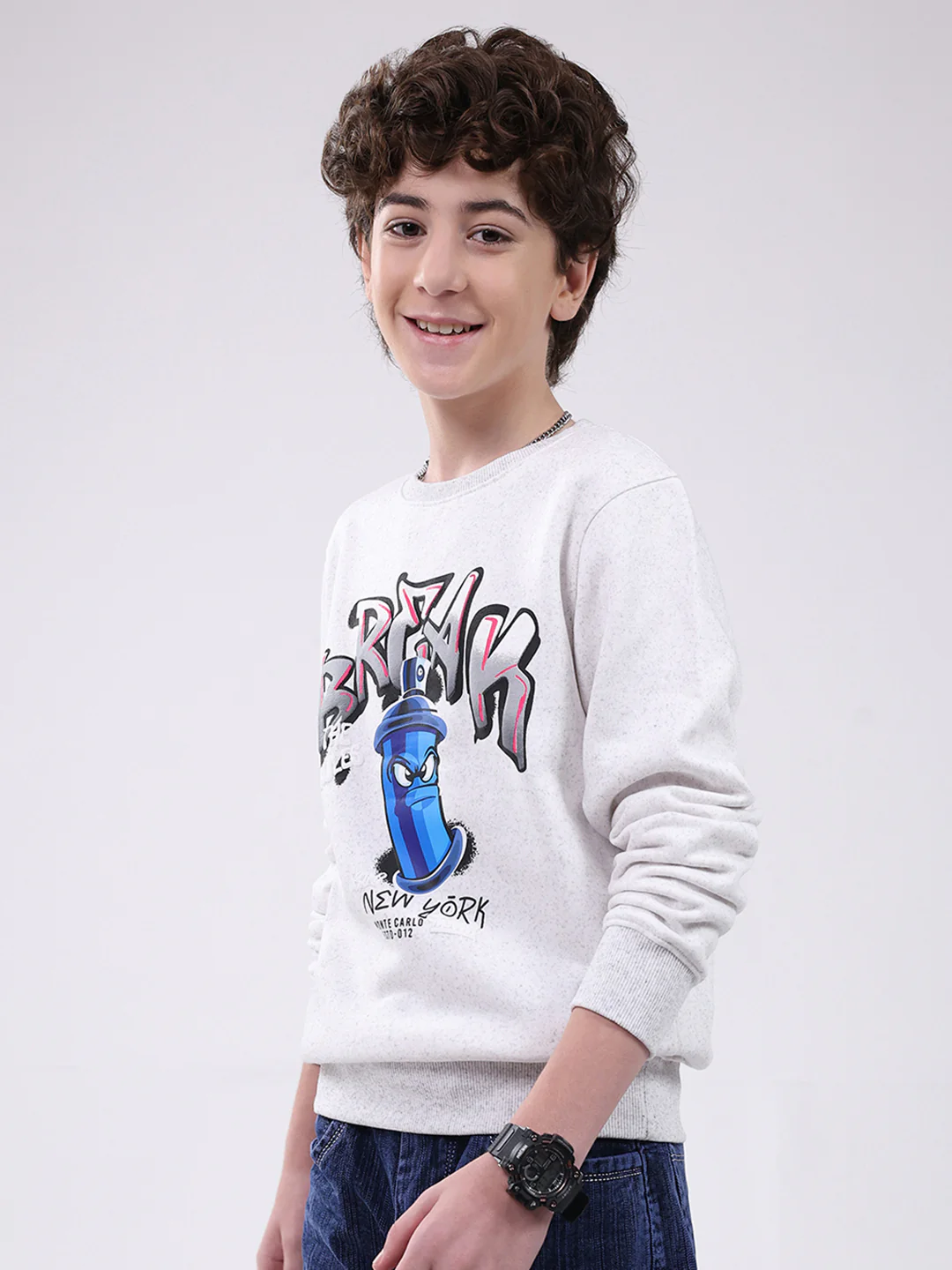 Boys Grey Printed Round Neck Full Sleeve Sweatshirt - Image 3