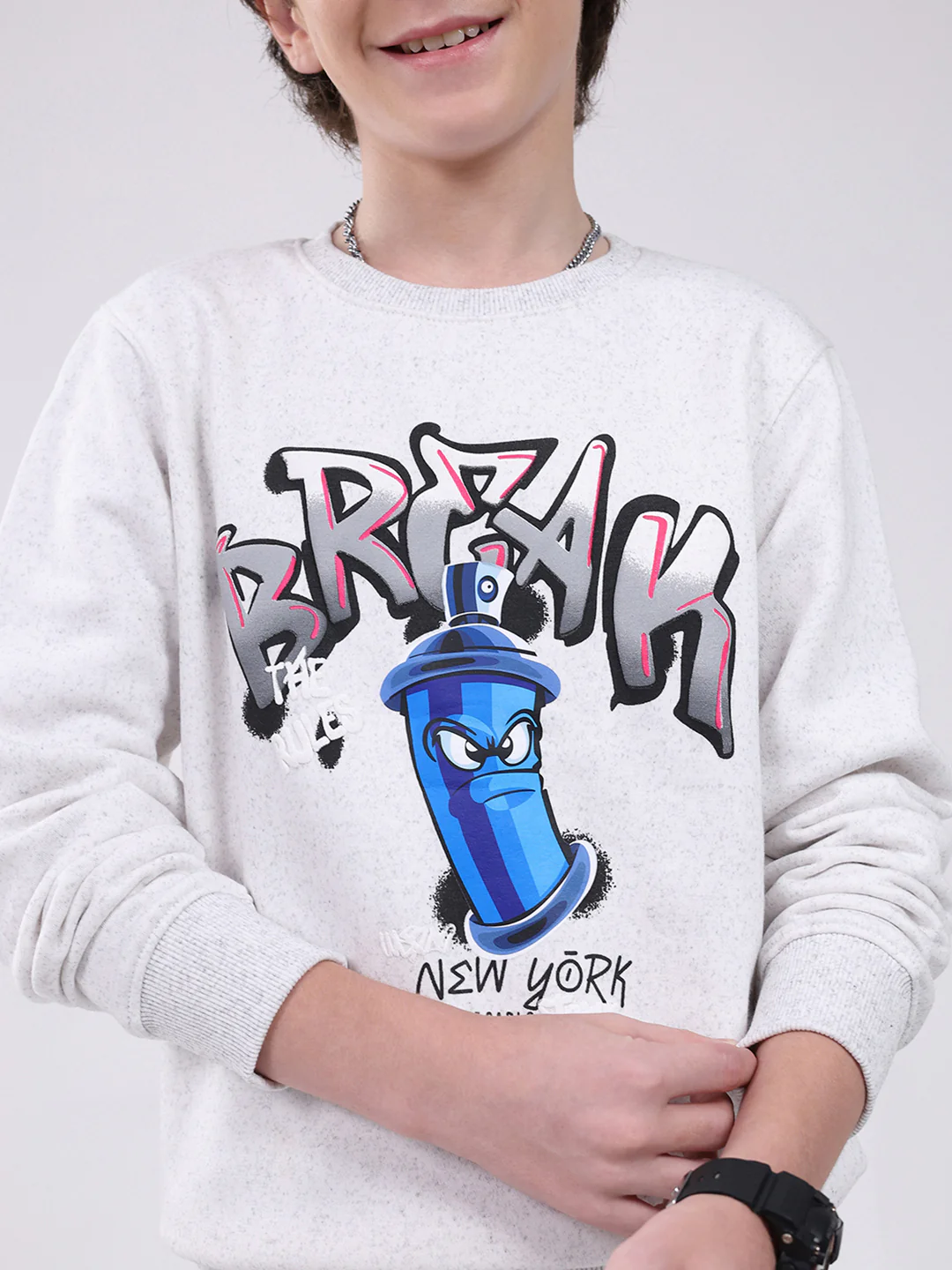 Boys Grey Printed Round Neck Full Sleeve Sweatshirt - Image 7