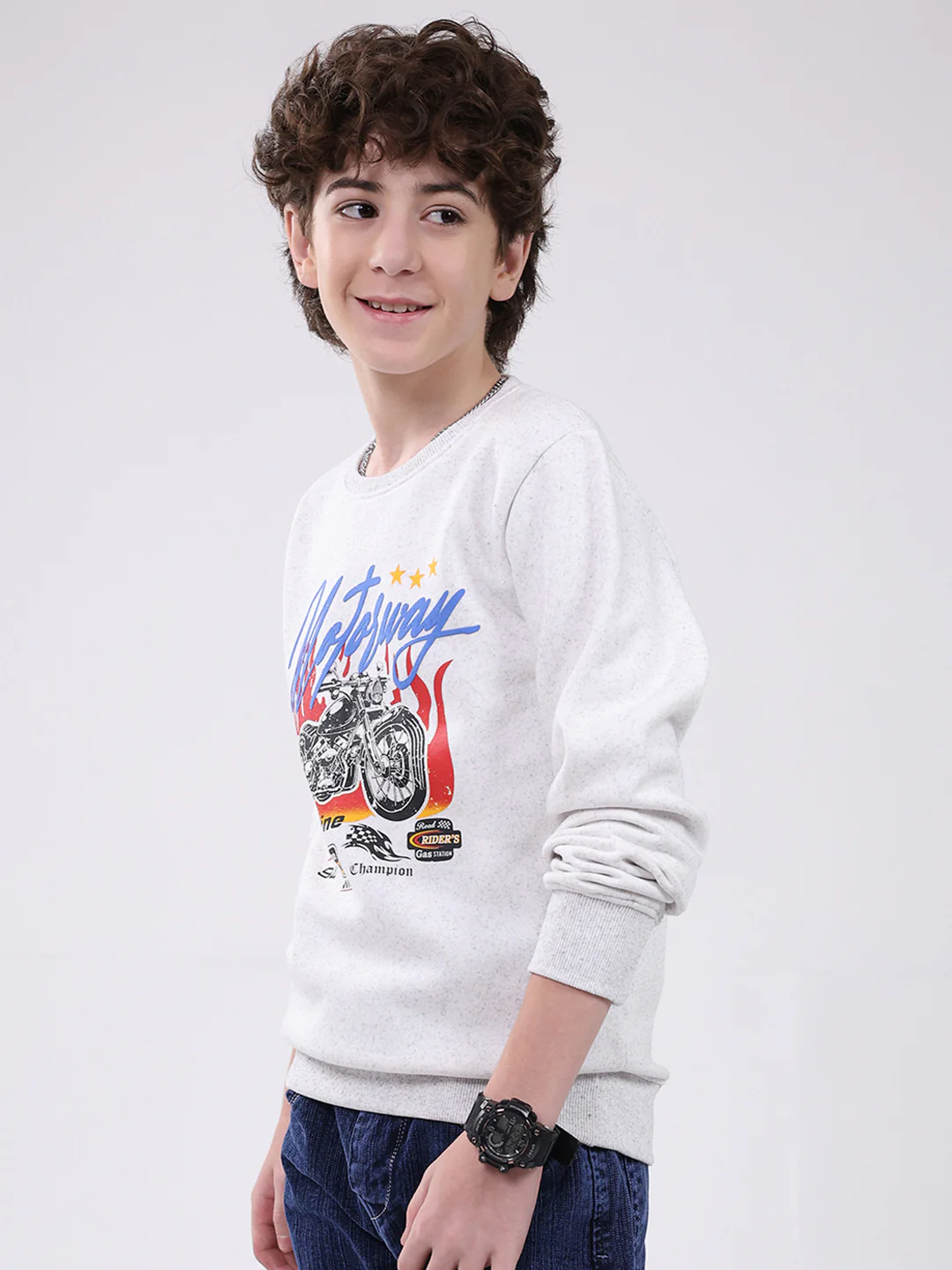Boys Grey Printed Round Neck Full Sleeve Sweatshirt - Image 3