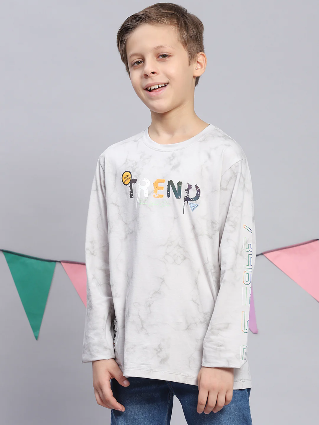Boys Grey Printed Round Neck Full Sleeve T-Shirts - Image 3