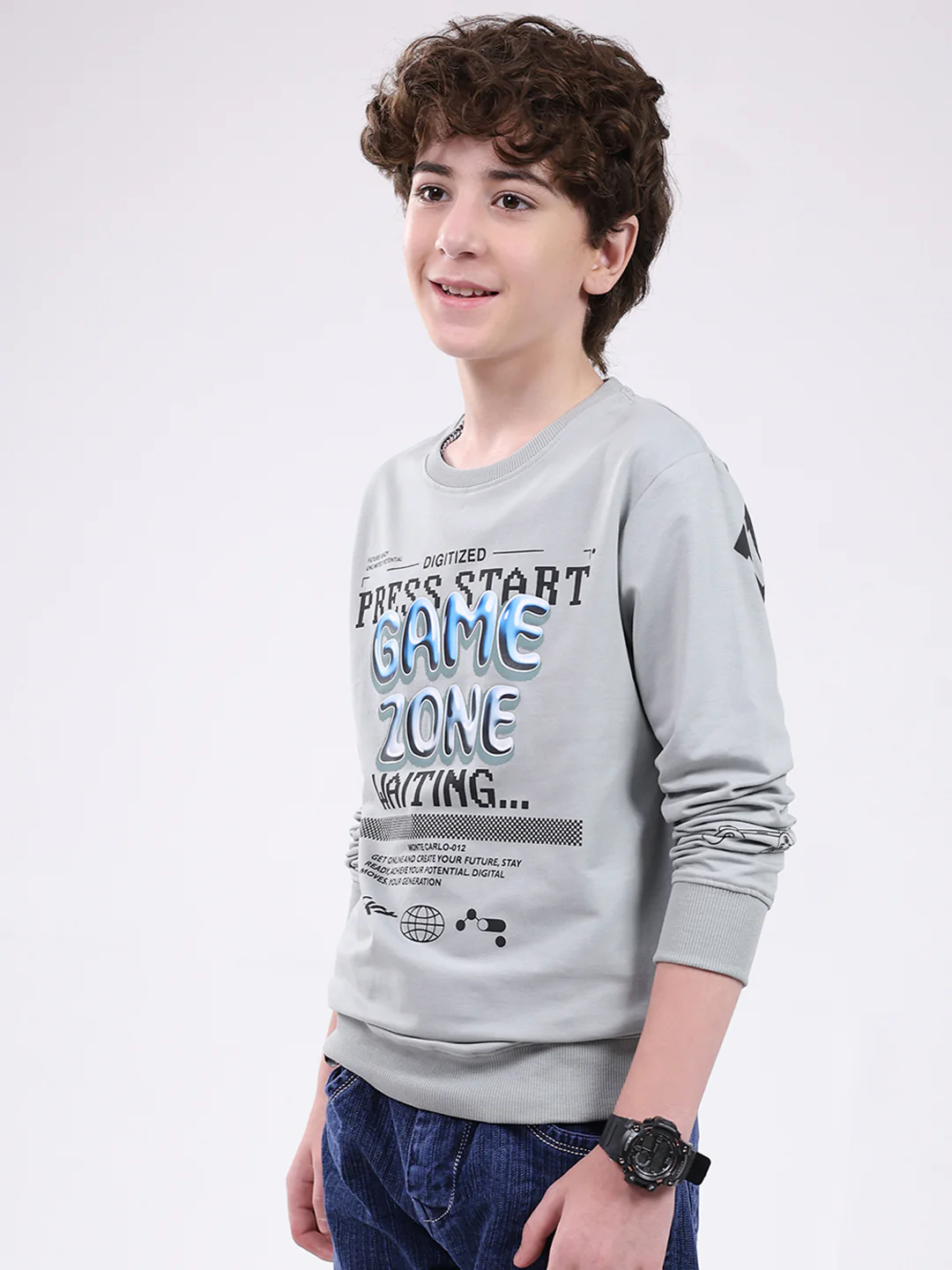 Boys Grey Printed Round Neck Full Sleeve Winter T-Shirt - Image 3