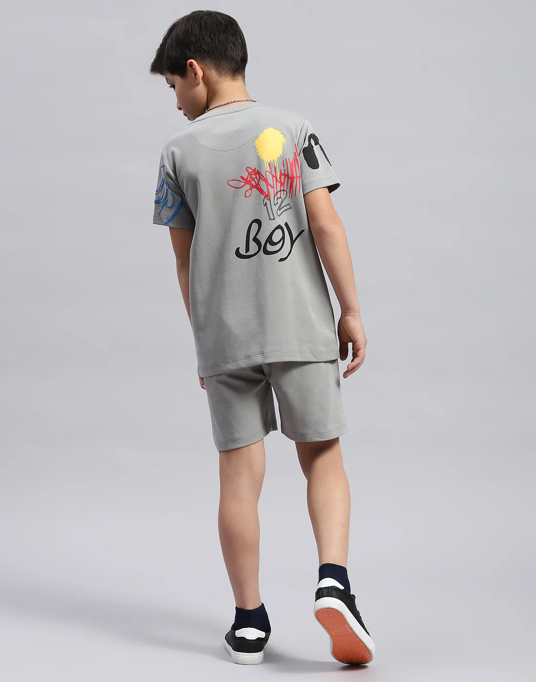 Boys Grey Printed Round Neck Half Sleeve Bermuda Set - Image 5