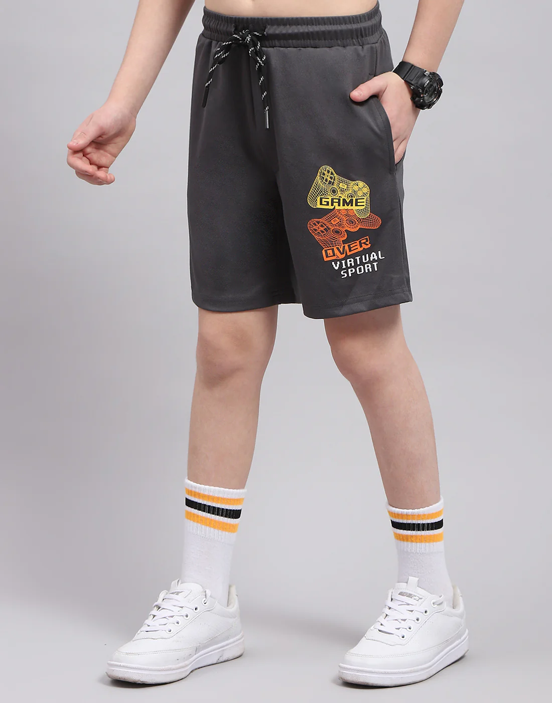 Boys Grey Printed Round Neck Half Sleeve Bermuda Set - Image 7