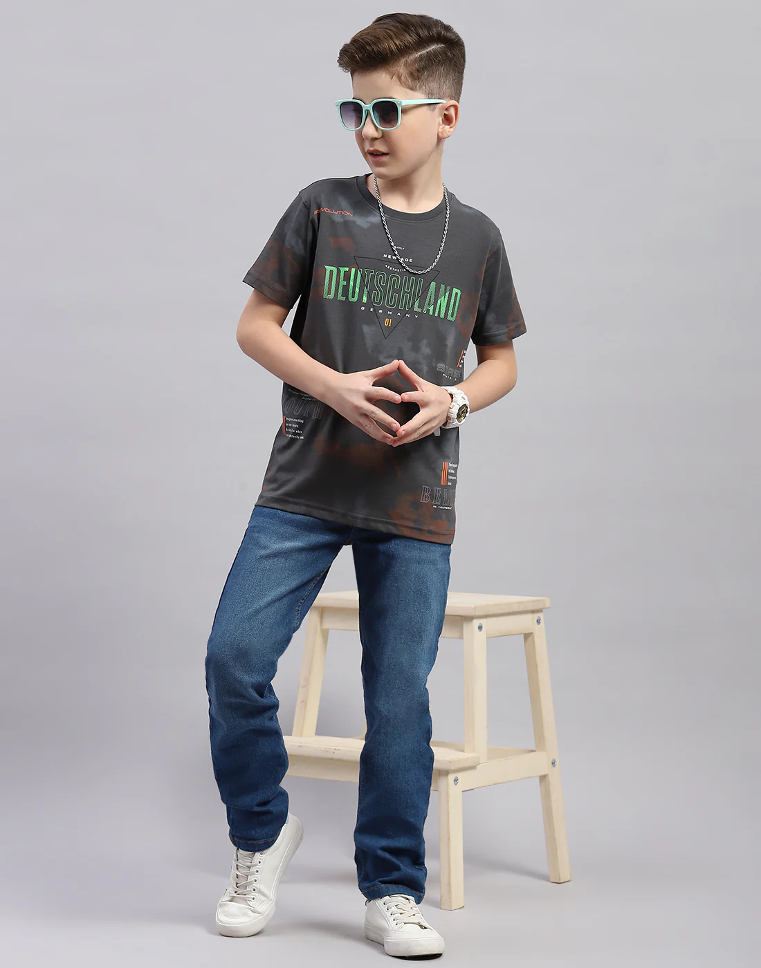 Boys Grey Printed Round Neck Half Sleeve T-Shirt - Image 2