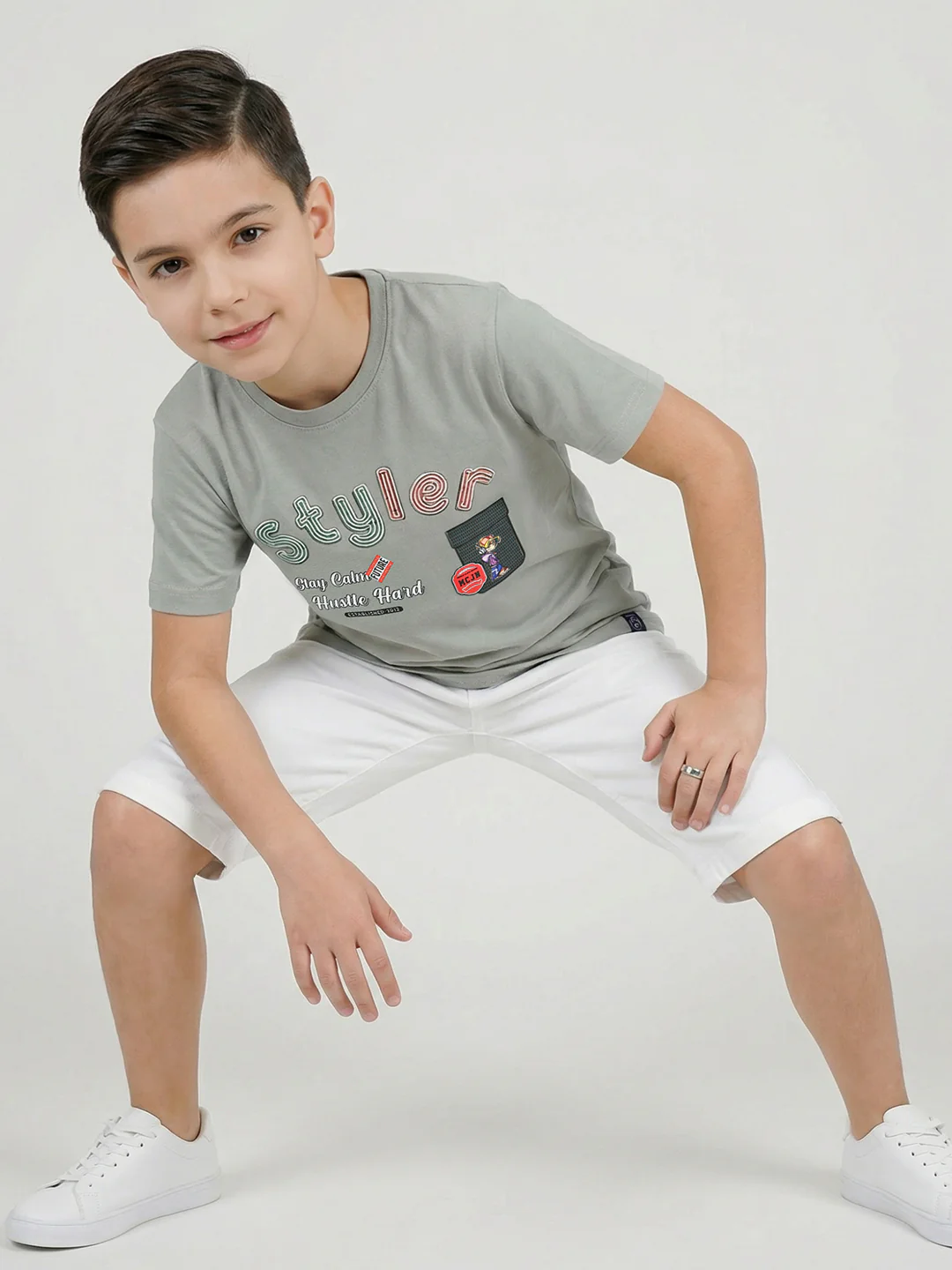 Boys Grey Printed Round Neck Half Sleeve T-Shirt - Image 4