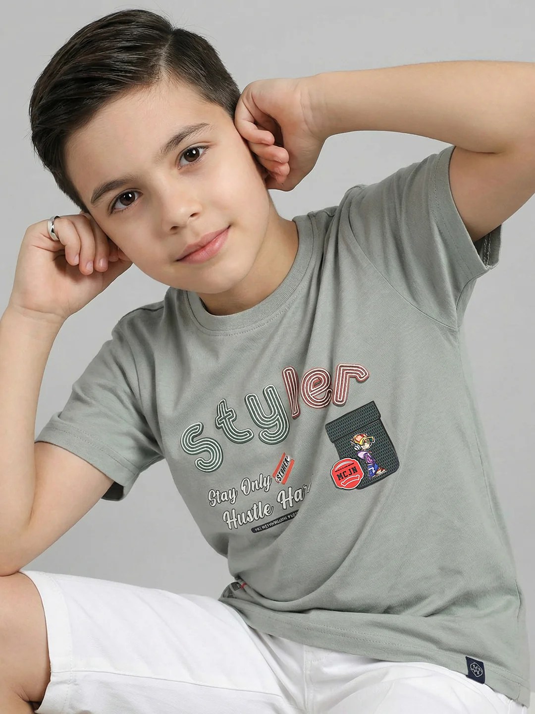 Boys Grey Printed Round Neck Half Sleeve T-Shirt - Image 5