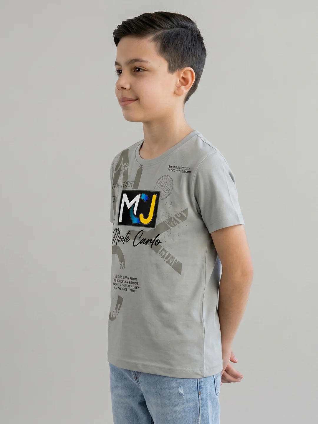 Boys Grey Printed Round Neck Half Sleeve T-Shirt - Image 3