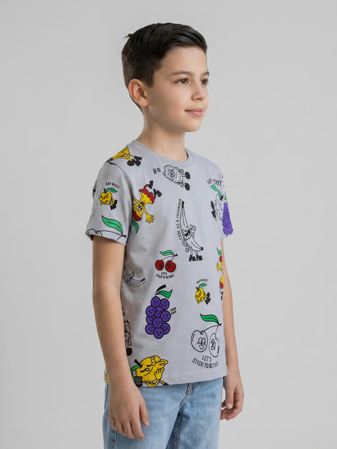Boys Grey Printed Round Neck Half Sleeve T-Shirt - Image 2