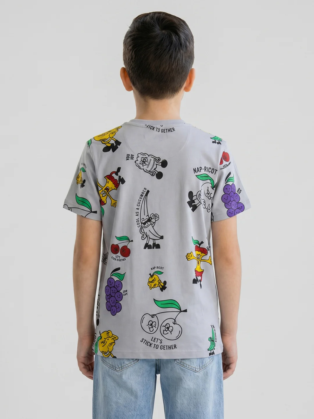 Boys Grey Printed Round Neck Half Sleeve T-Shirt - Image 4