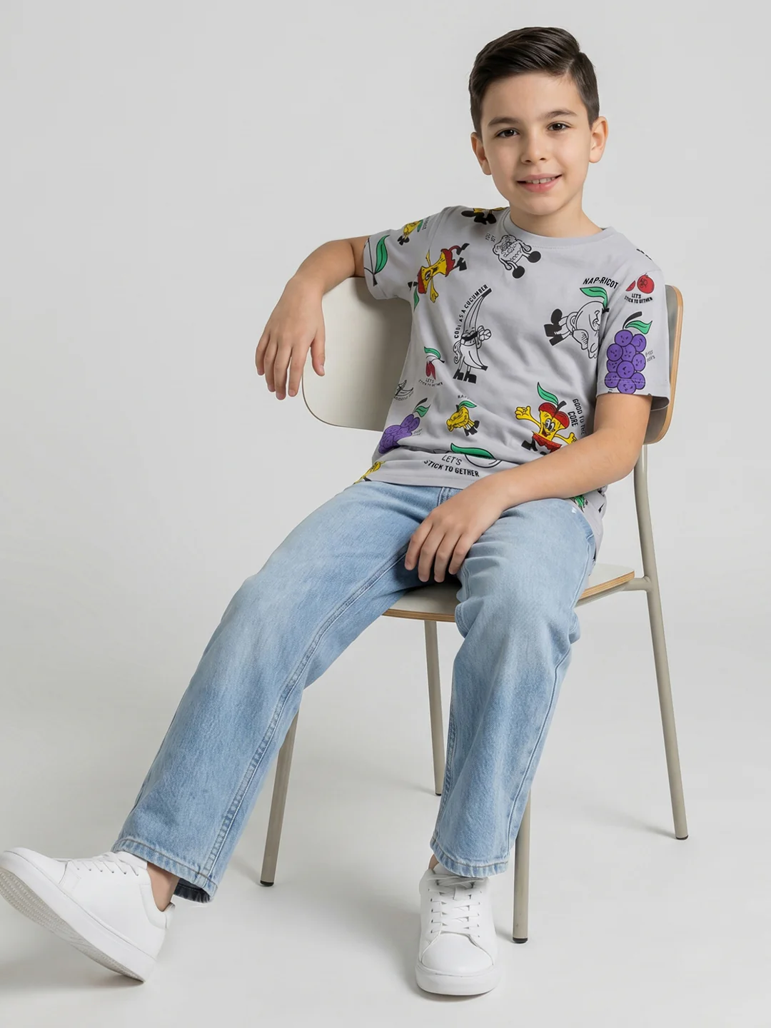 Boys Grey Printed Round Neck Half Sleeve T-Shirt - Image 5