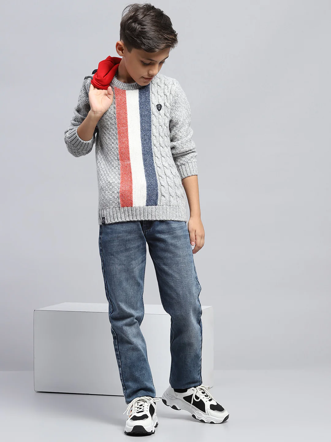 Boys Grey Self Design Round Neck Full Sleeve Pullover - Image 2