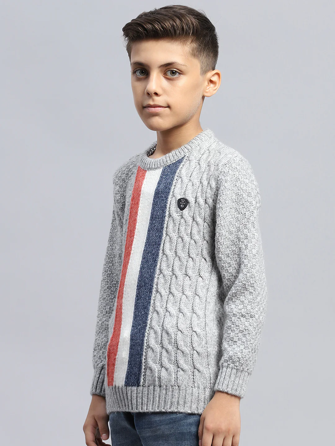 Boys Grey Self Design Round Neck Full Sleeve Pullover - Image 3