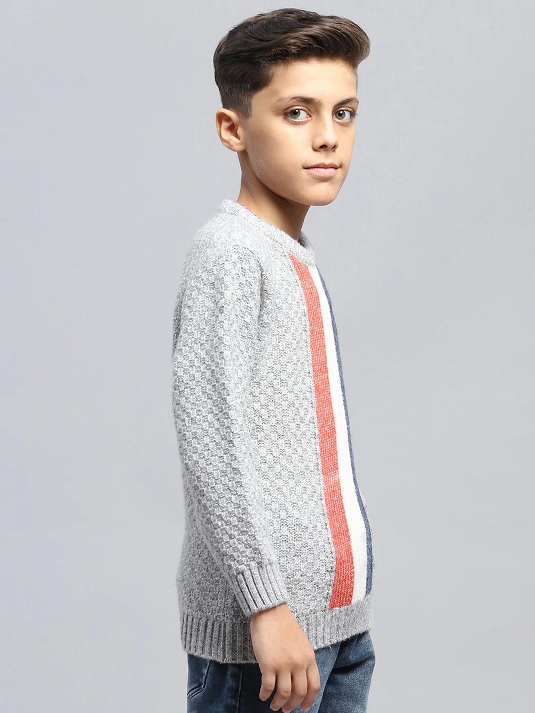 Boys Grey Self Design Round Neck Full Sleeve Pullover - Image 4