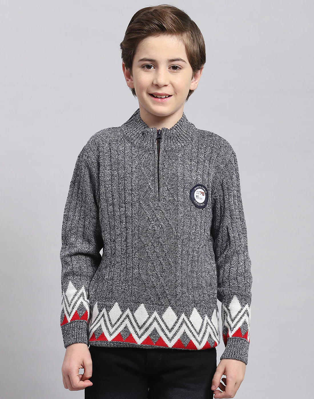 Boys Grey Self Design Round Neck Full Sleeve Sweater - Image 2