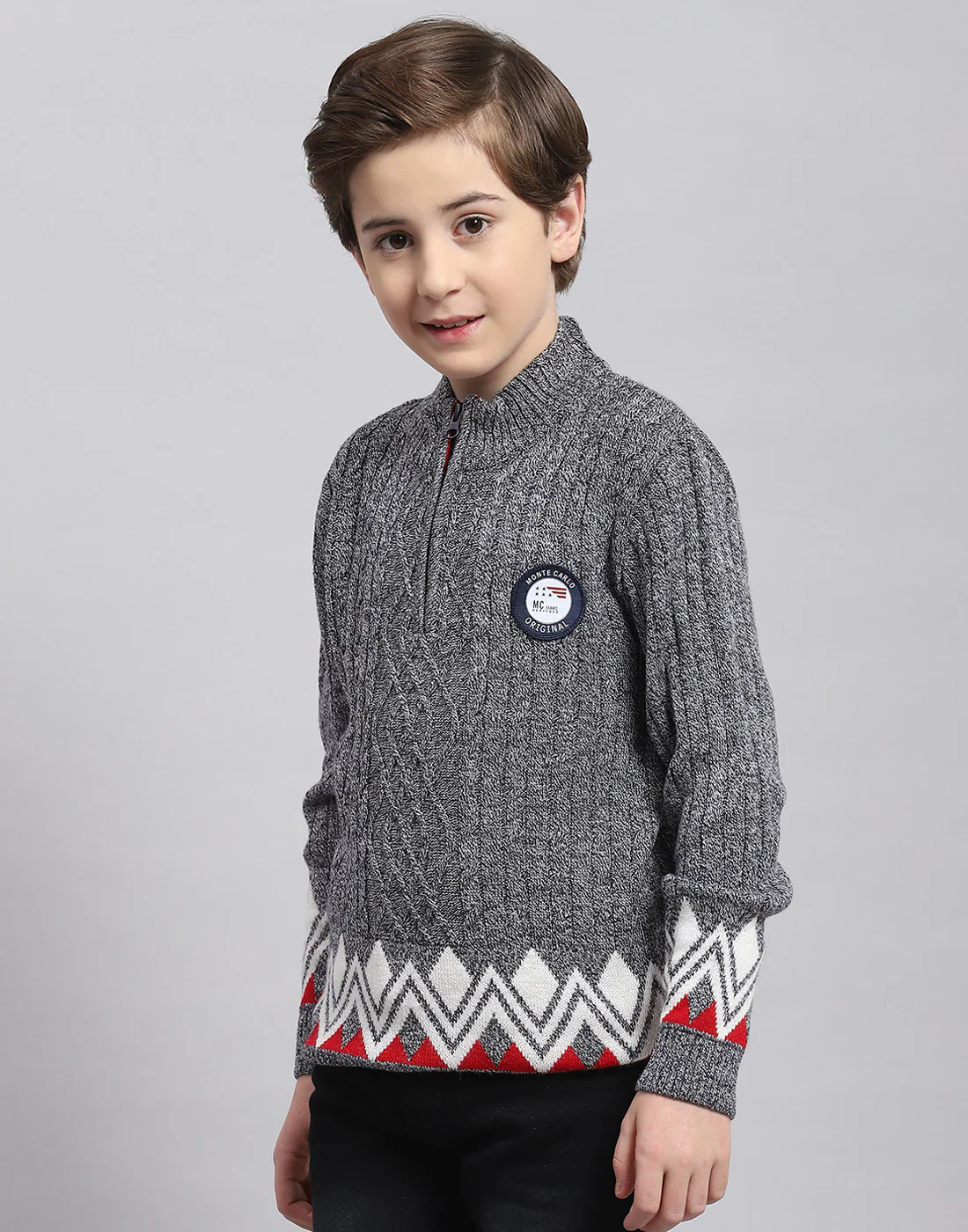 Boys Grey Self Design Round Neck Full Sleeve Sweater - Image 3