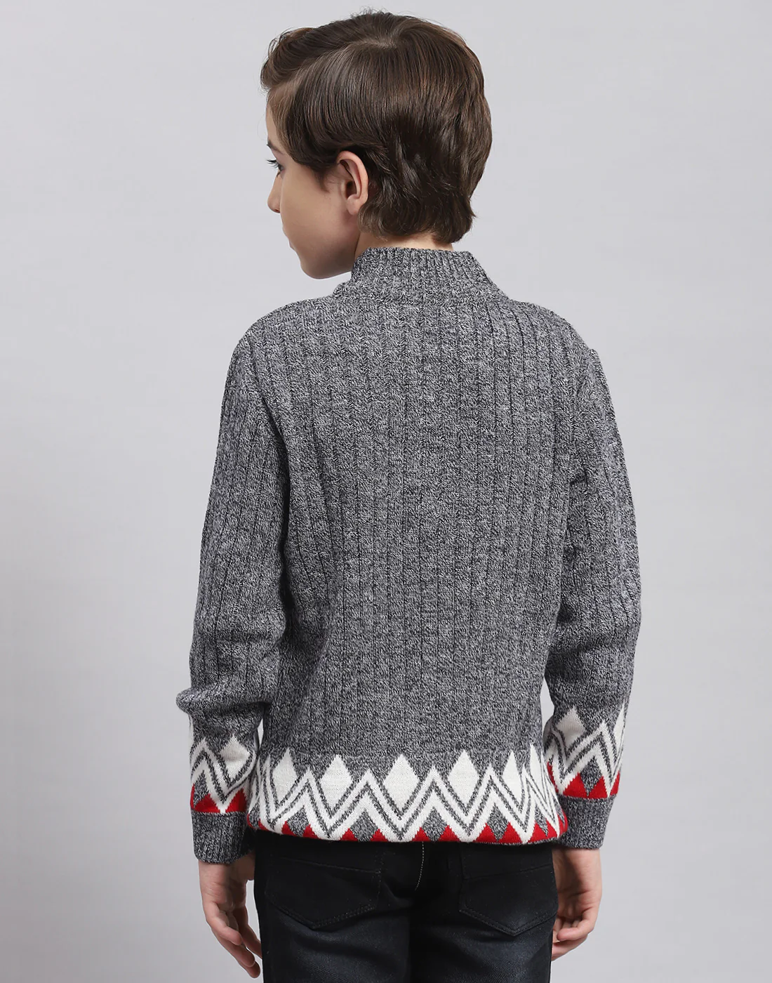 Boys Grey Self Design Round Neck Full Sleeve Sweater - Image 5