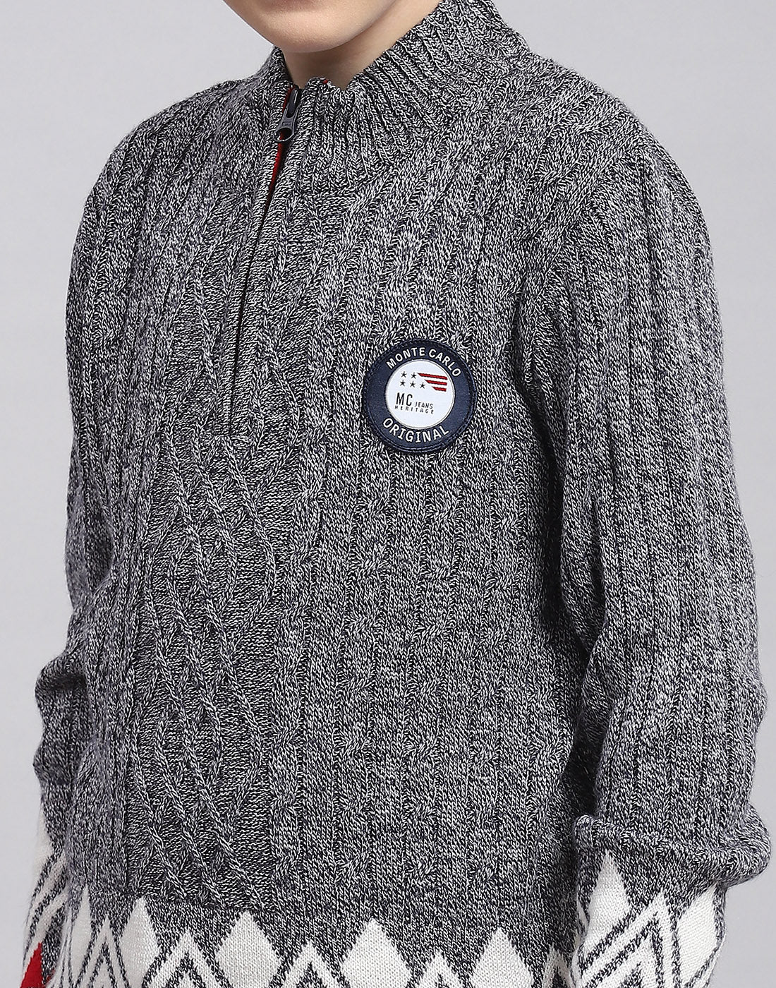 Boys Grey Self Design Round Neck Full Sleeve Sweater - Image 6
