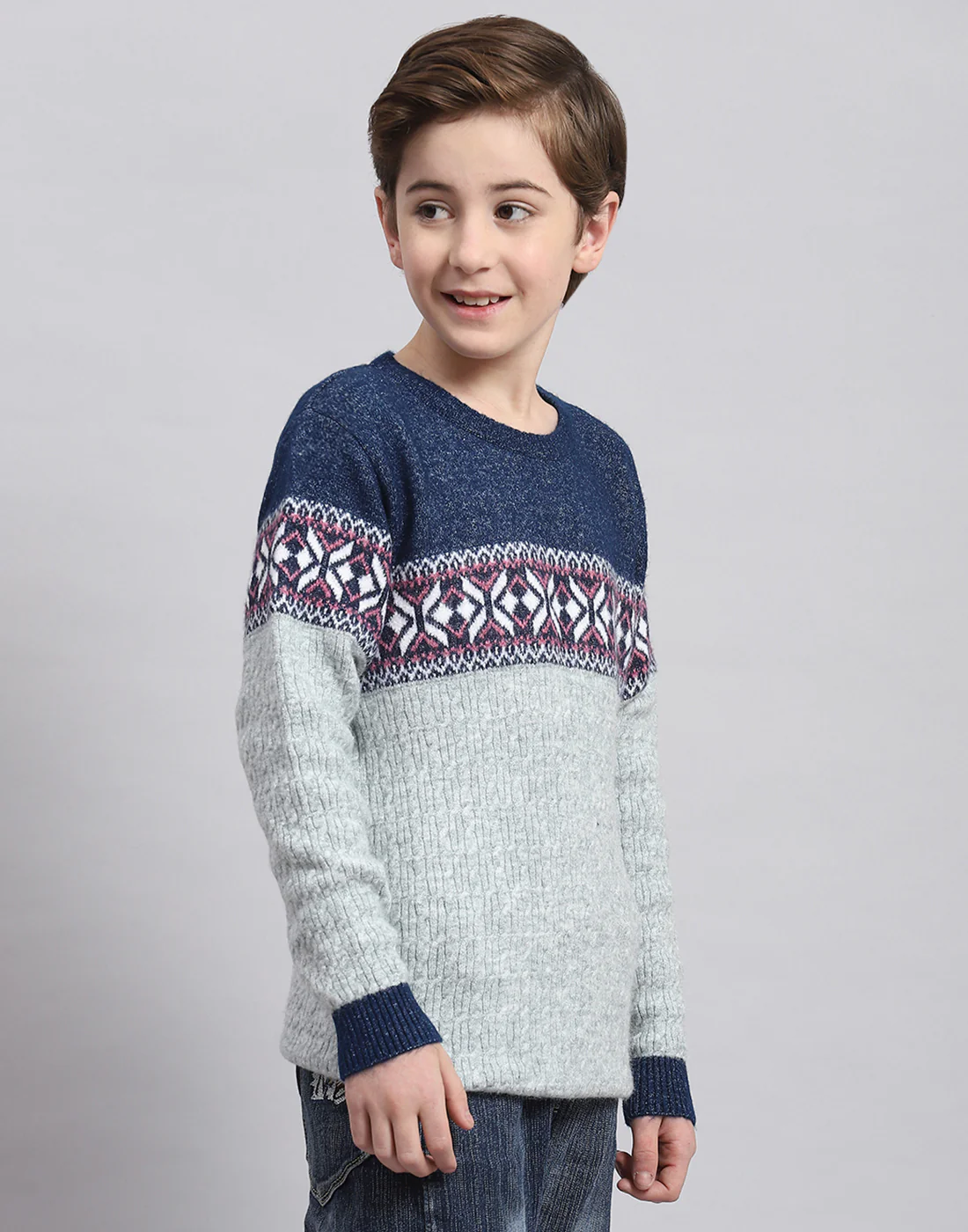 Boys Grey Self Design Round Neck Full Sleeve Sweater - Image 4