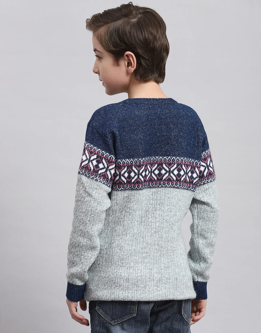 Boys Grey Self Design Round Neck Full Sleeve Sweater - Image 5