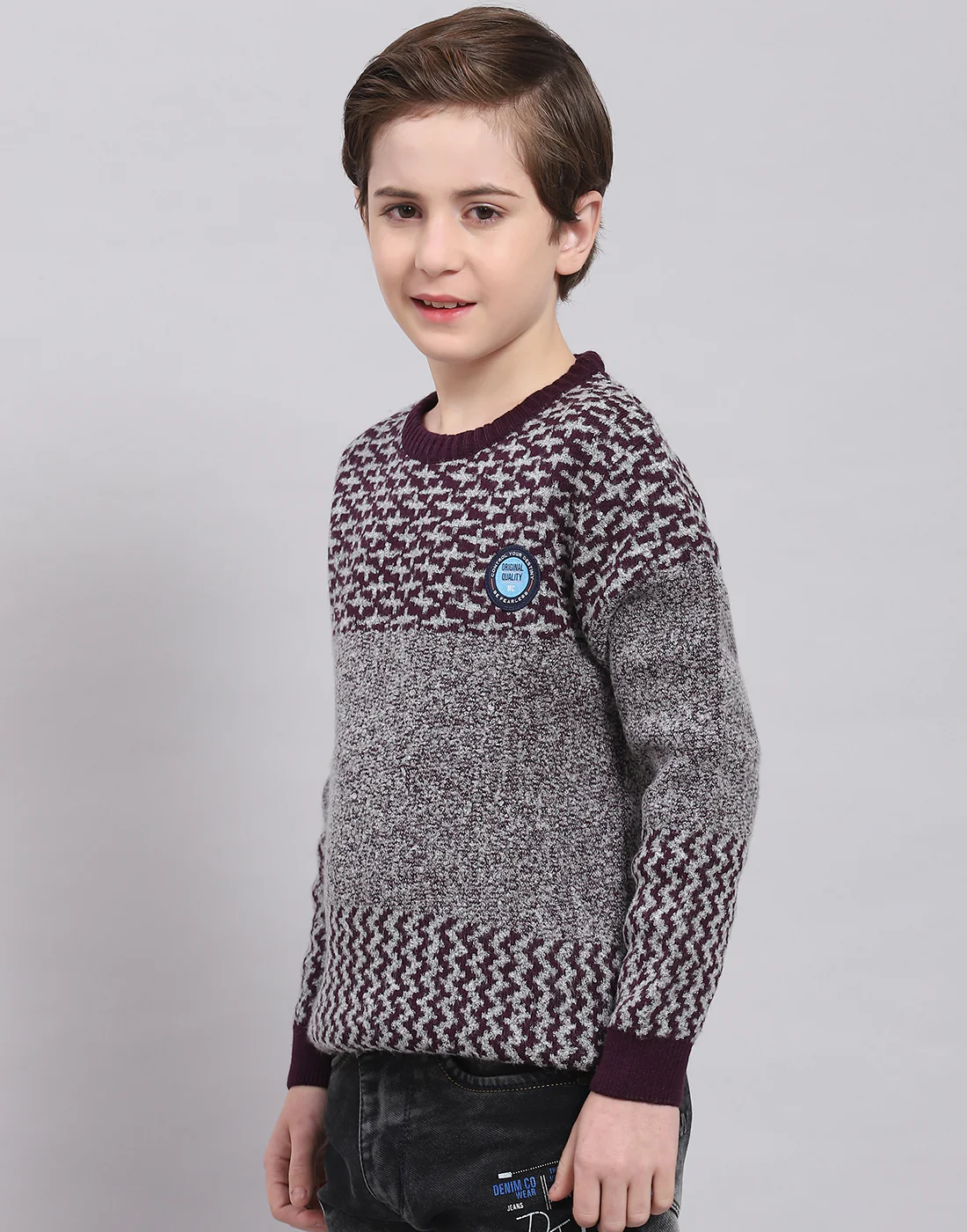 Boys Grey Self Design Round Neck Full Sleeve Sweater - Image 3
