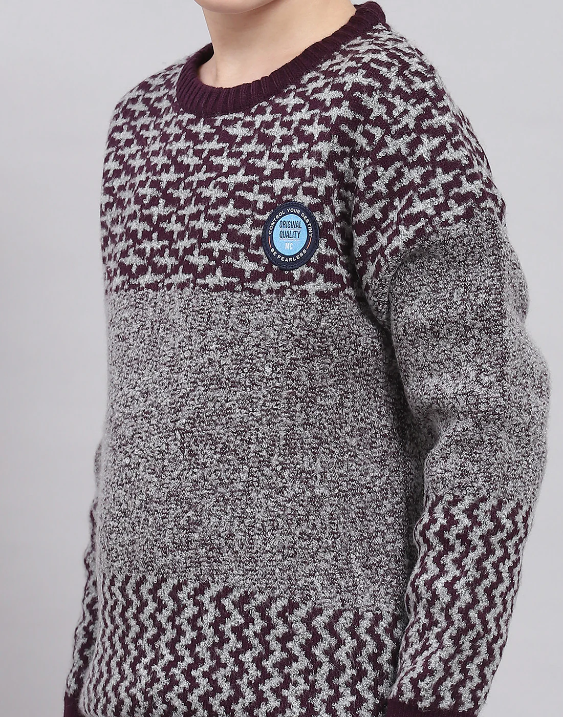 Boys Grey Self Design Round Neck Full Sleeve Sweater - Image 6