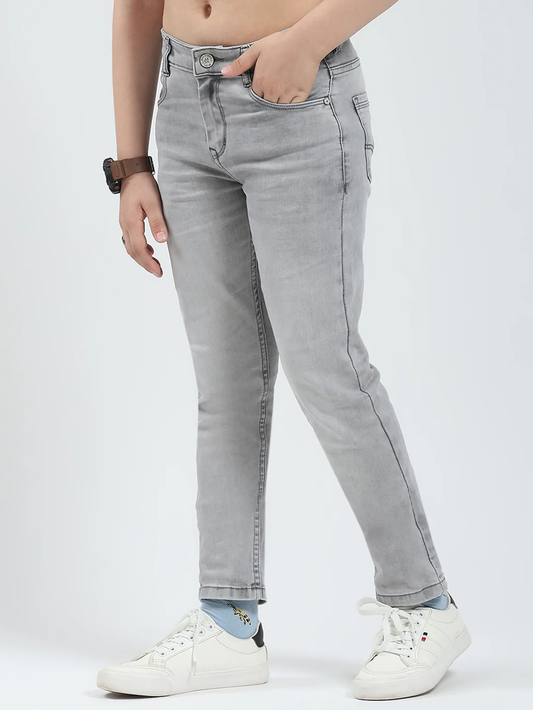 Boys Grey Solid Slim Fit Denim - Image 3