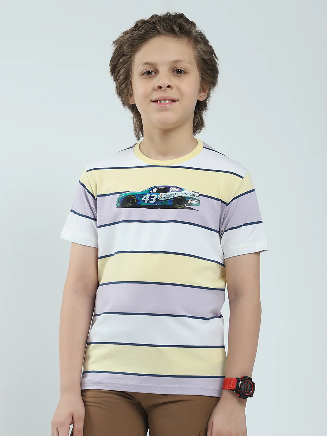 Boys Grey & Yellow Stripe Round Neck Half Sleeve T-Shirt
