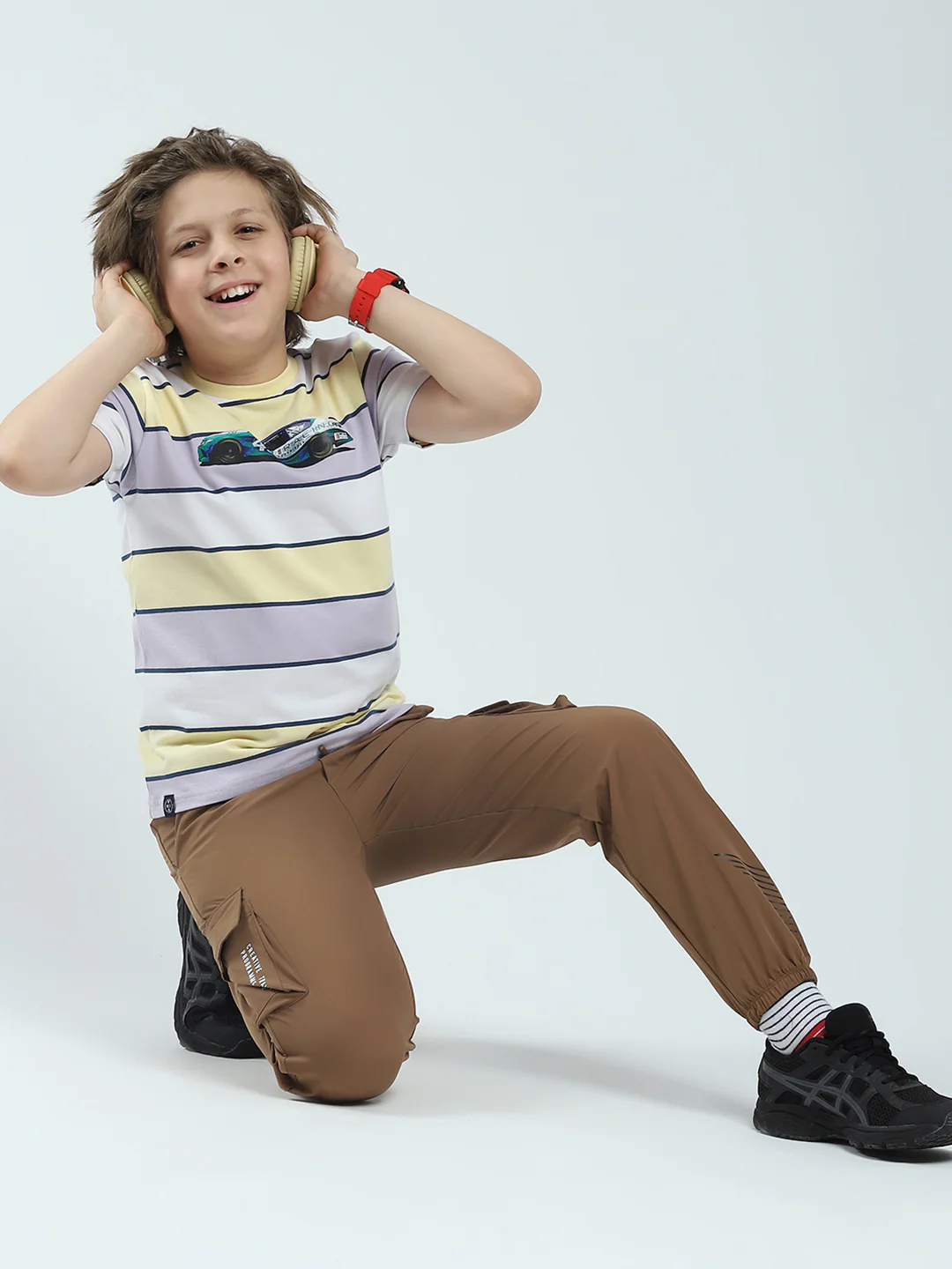 Boys Grey & Yellow Stripe Round Neck Half Sleeve T-Shirt - Image 2