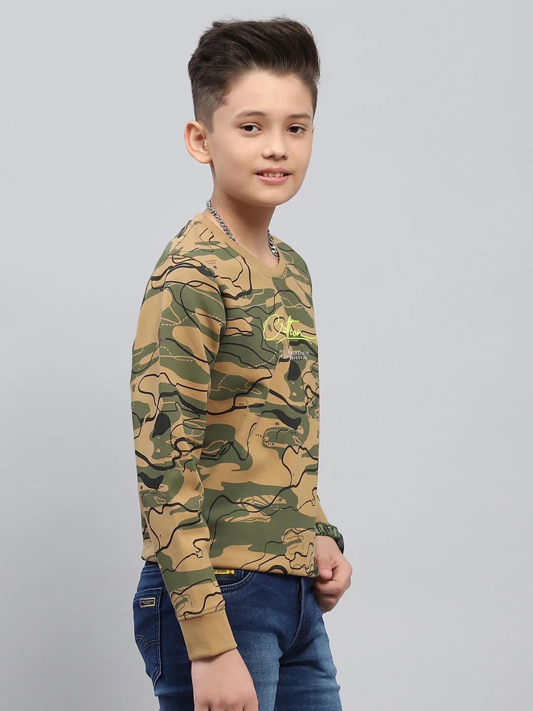 Boys Khaki Printed Round Neck Full Sleeve Sweatshirt - Image 4