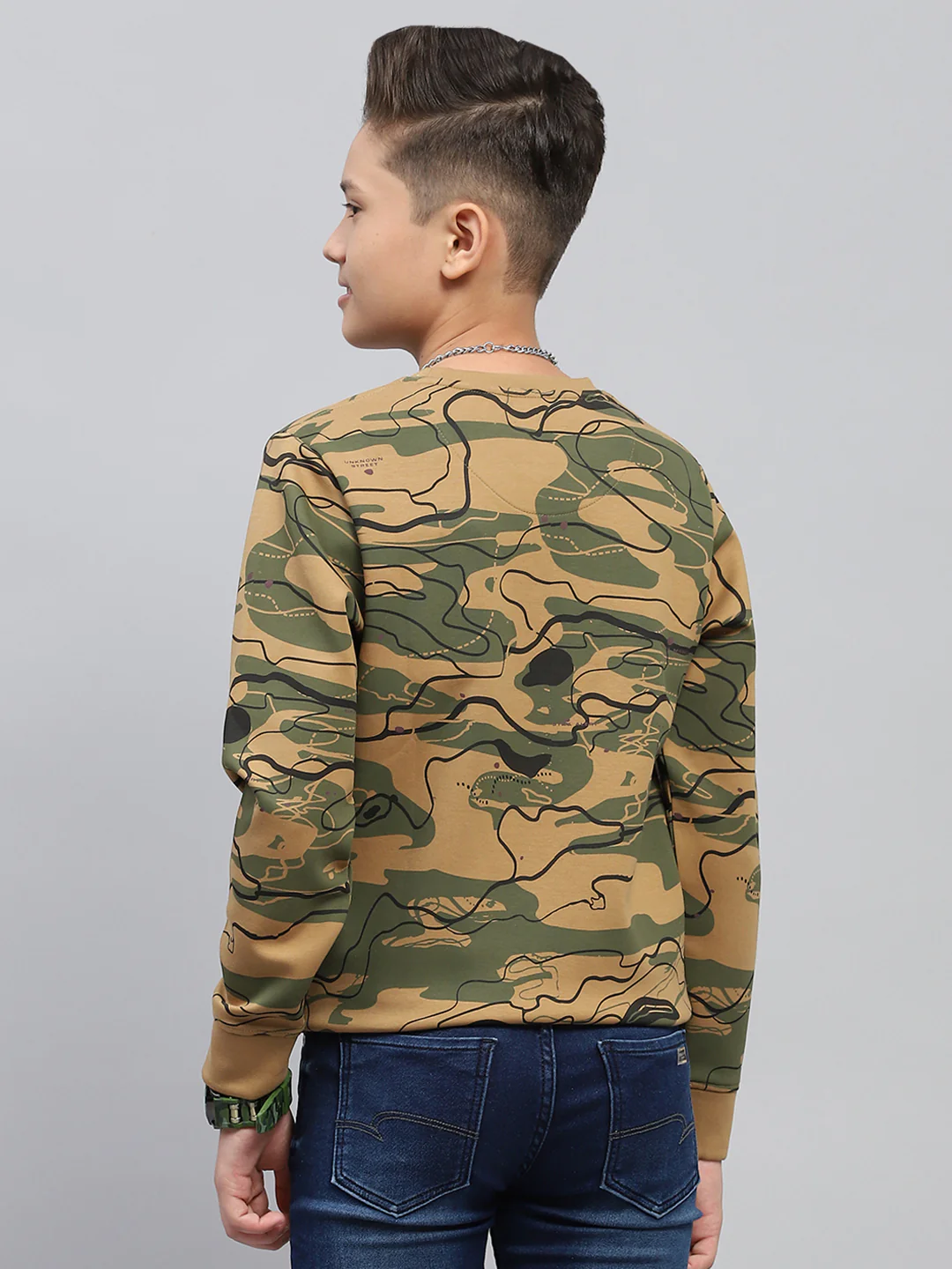 Boys Khaki Printed Round Neck Full Sleeve Sweatshirt - Image 5