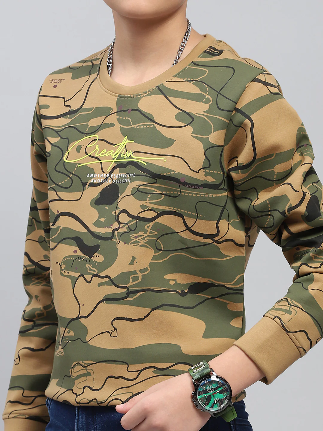 Boys Khaki Printed Round Neck Full Sleeve Sweatshirt - Image 6