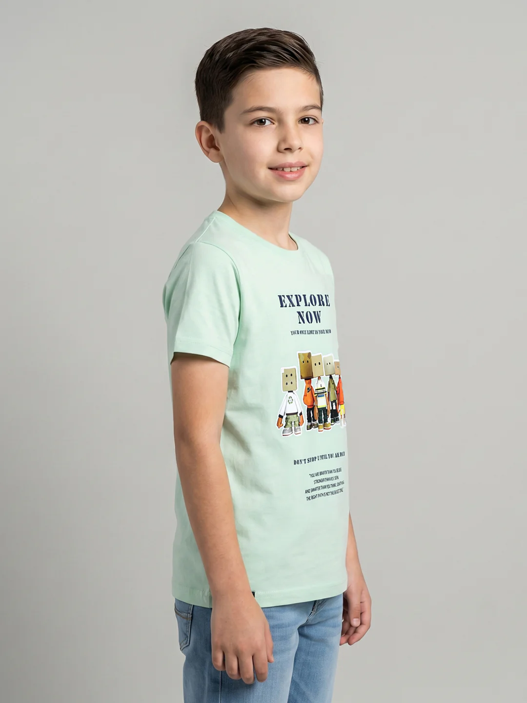 Boys Light Green Printed Round Neck Half Sleeve T-Shirt - Image 2