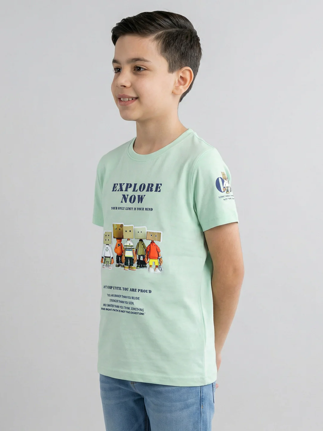 Boys Light Green Printed Round Neck Half Sleeve T-Shirt - Image 3