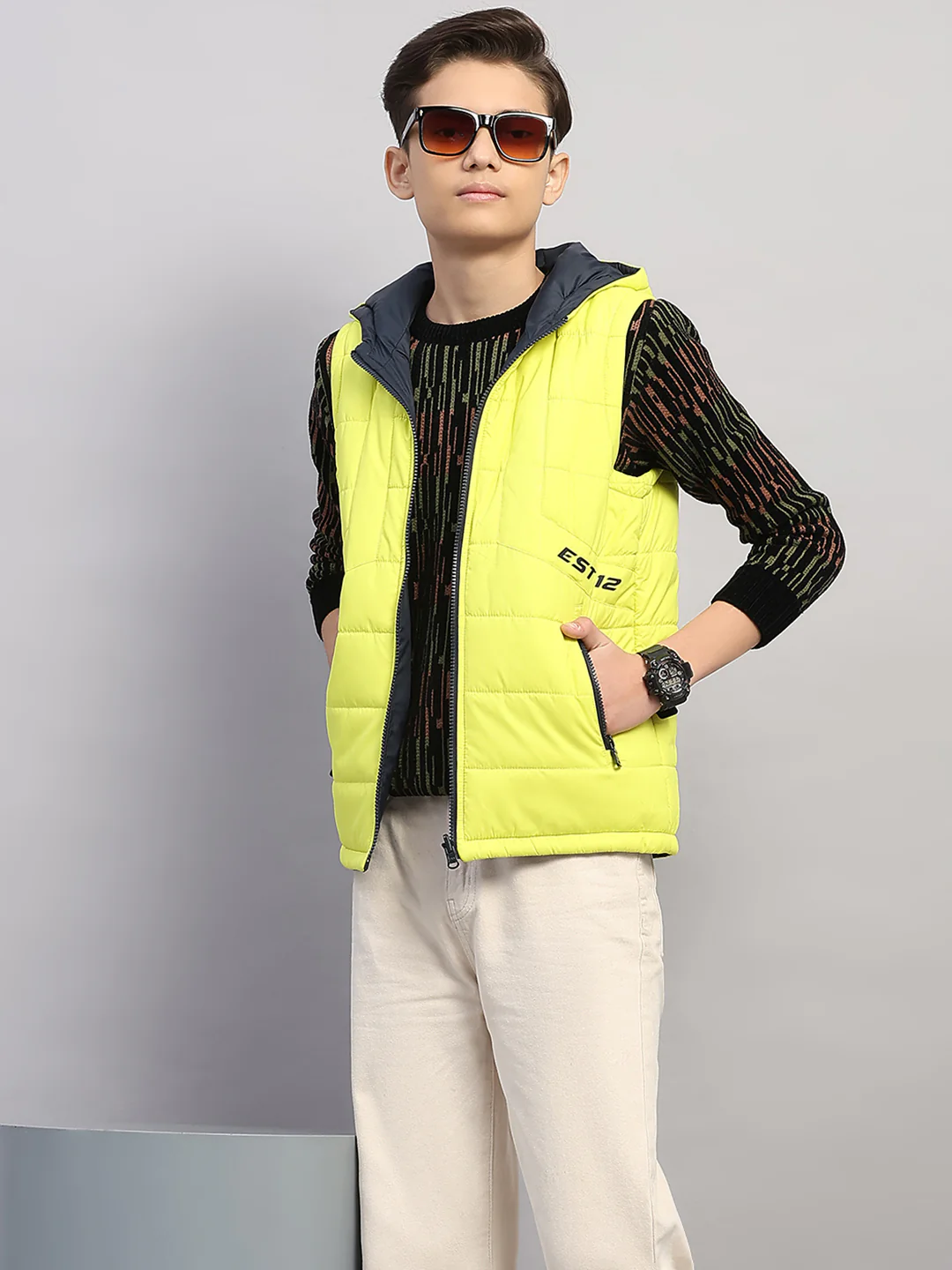 Boys Lime Green Printed Collar Sleeveless Reversible Jacket - Image 6