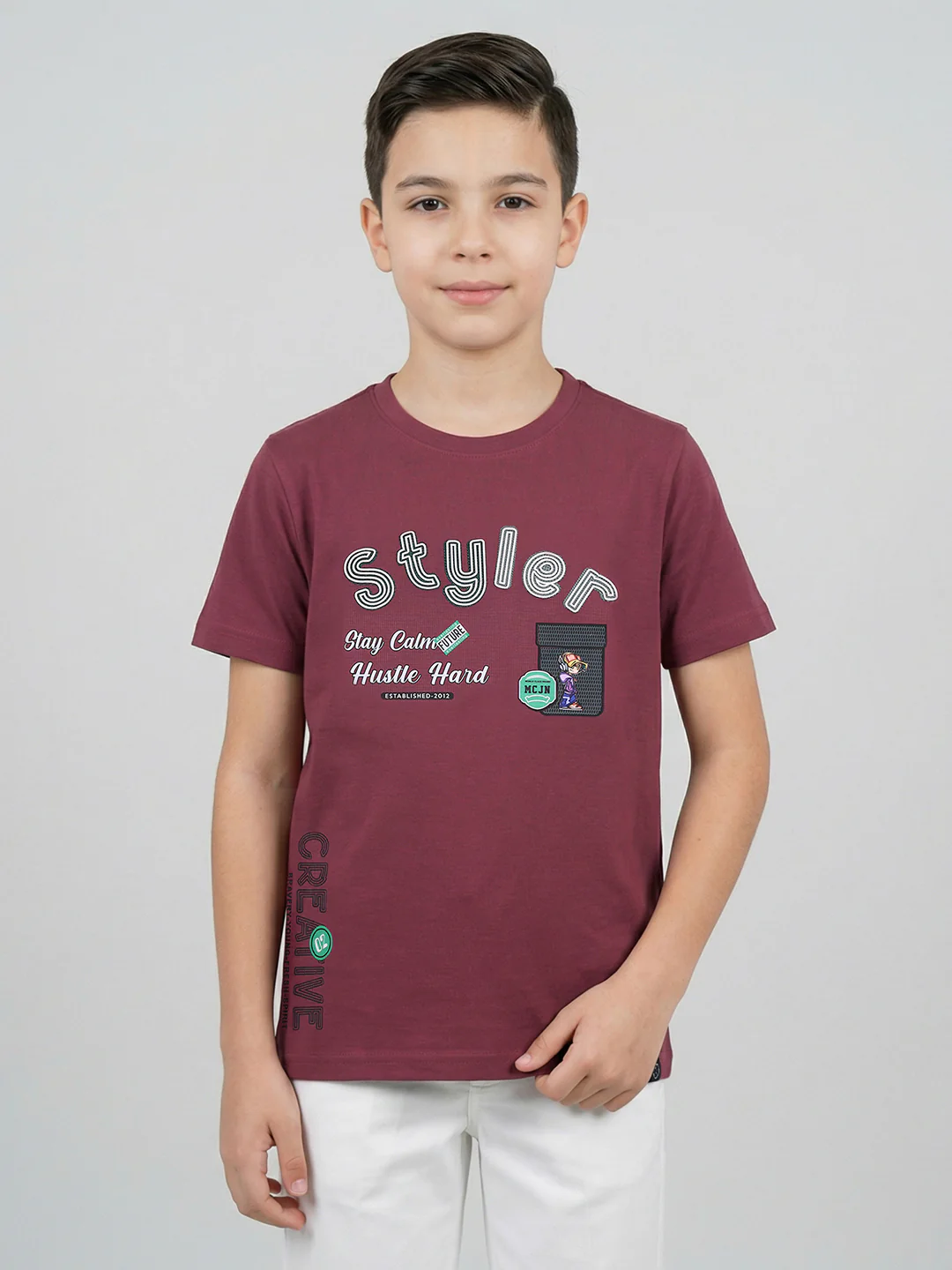 Boys Magenta Printed Round Neck Half Sleeve T-Shirt