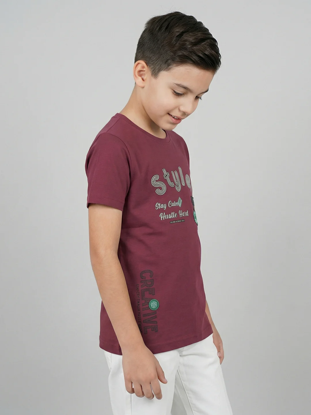 Boys Magenta Printed Round Neck Half Sleeve T-Shirt - Image 2
