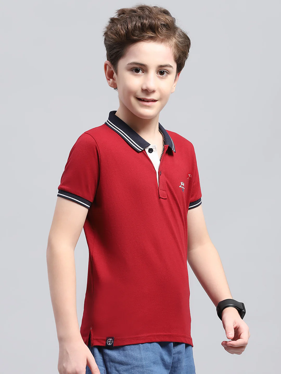 Boys Maroon Printed Collar Half Sleeve T-Shirt - Image 4