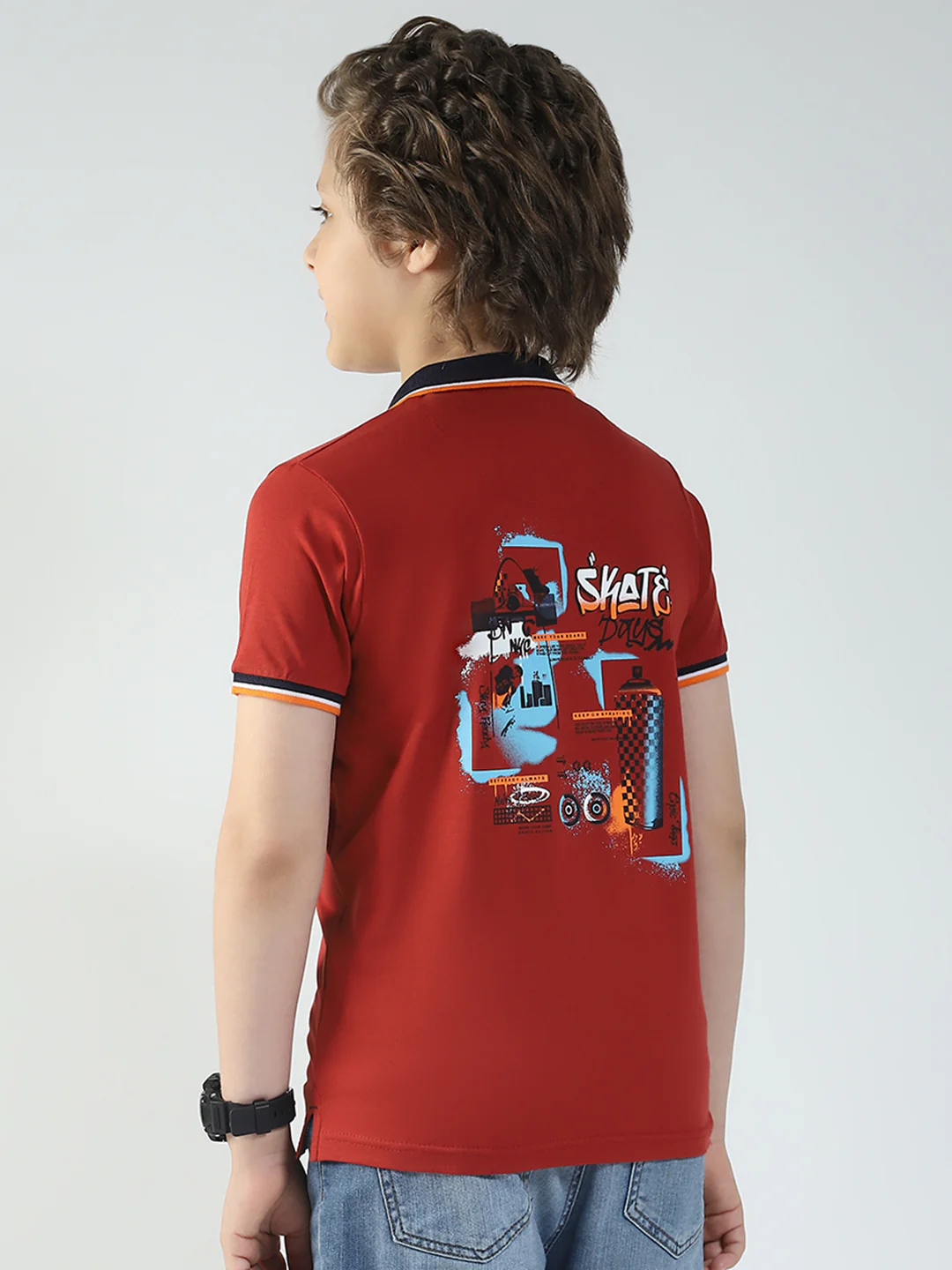Boys Maroon Printed Collar Half Sleeve T-Shirt - Image 5
