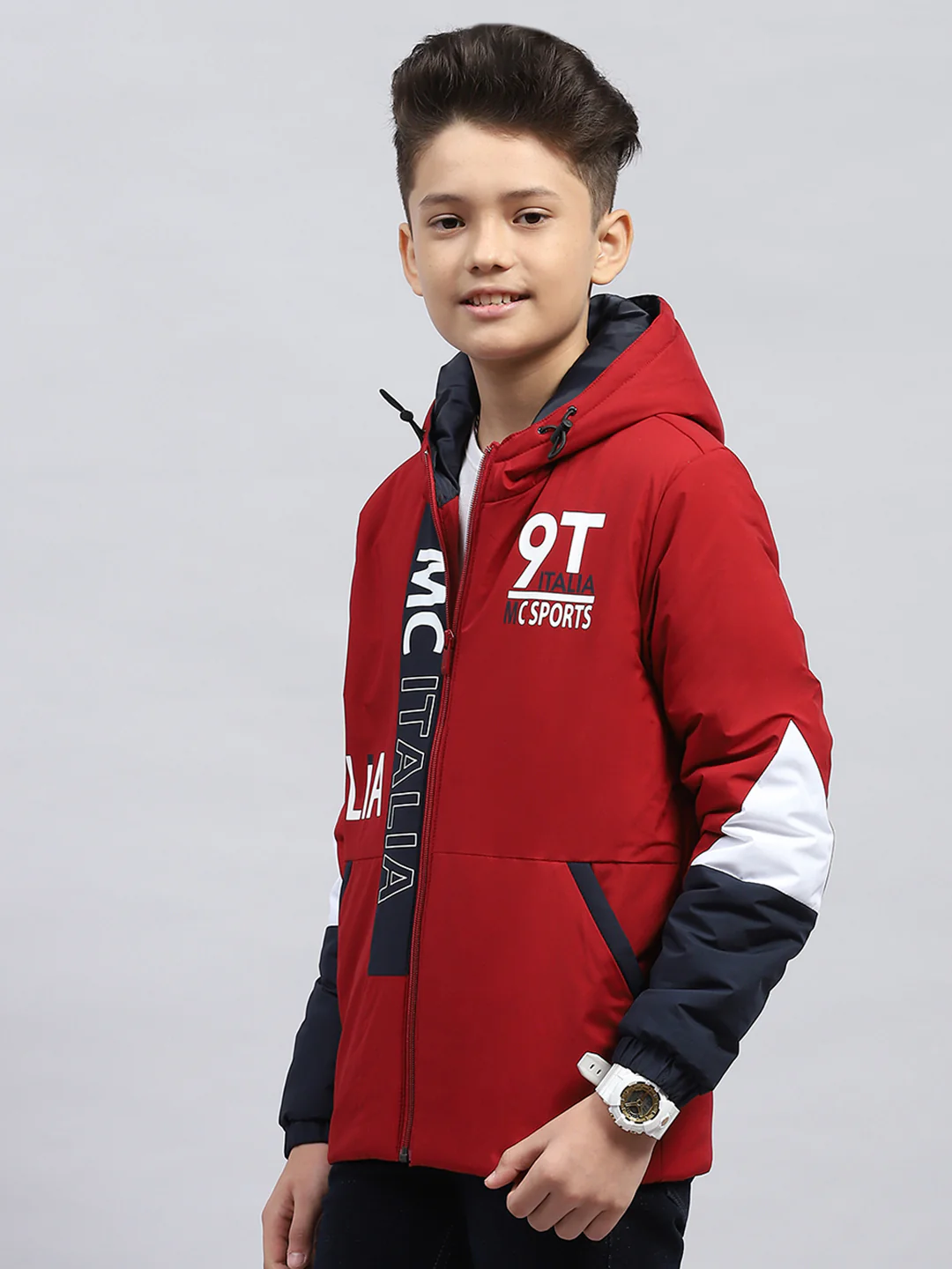 Boys Maroon Printed Hooded Full Sleeve Jacket - Image 3