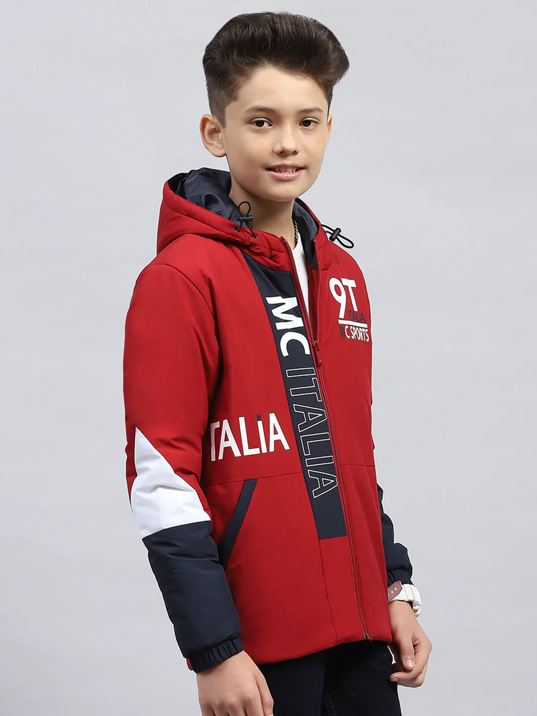 Boys Maroon Printed Hooded Full Sleeve Jacket - Image 4