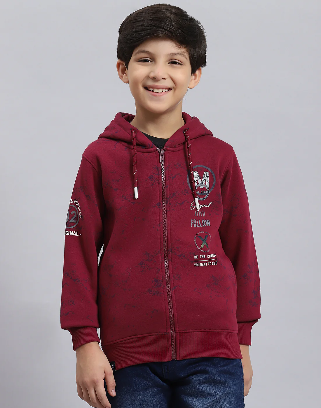 Boys Maroon Printed Hooded Full Sleeve Sweatshirt - Image 3