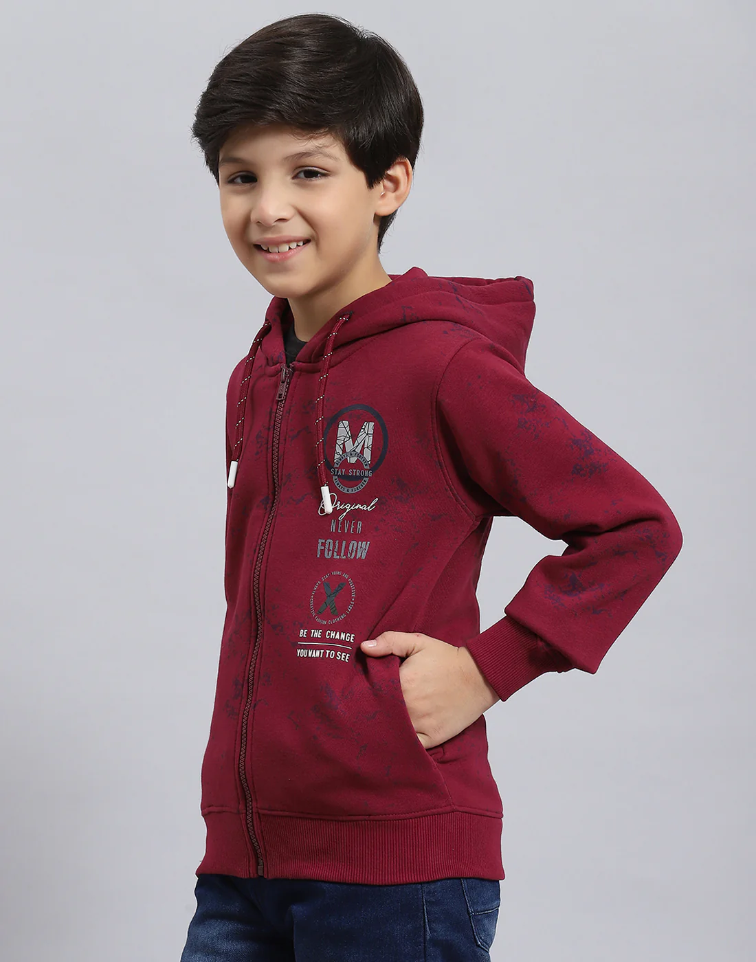 Boys Maroon Printed Hooded Full Sleeve Sweatshirt - Image 4