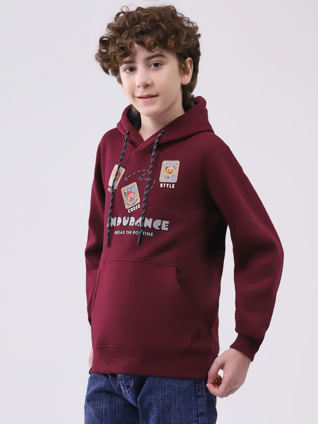 Boys Maroon Printed Hooded Full Sleeve Sweatshirt - Image 3
