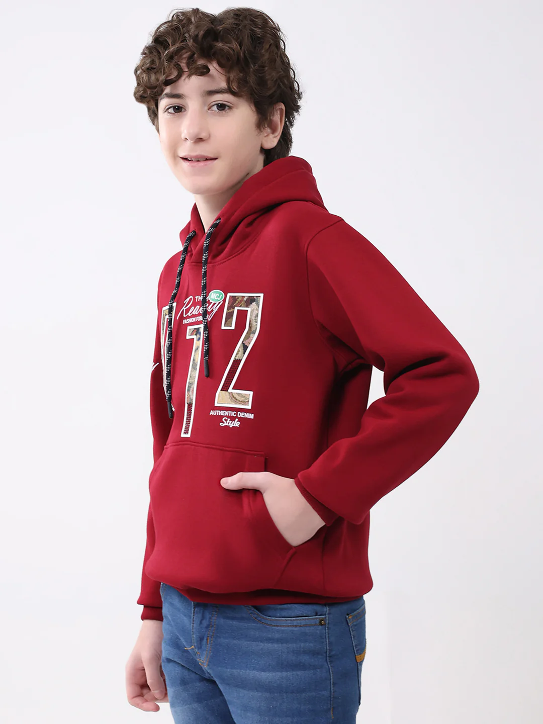 Boys Maroon Printed Hooded Full Sleeve Sweatshirt - Image 3