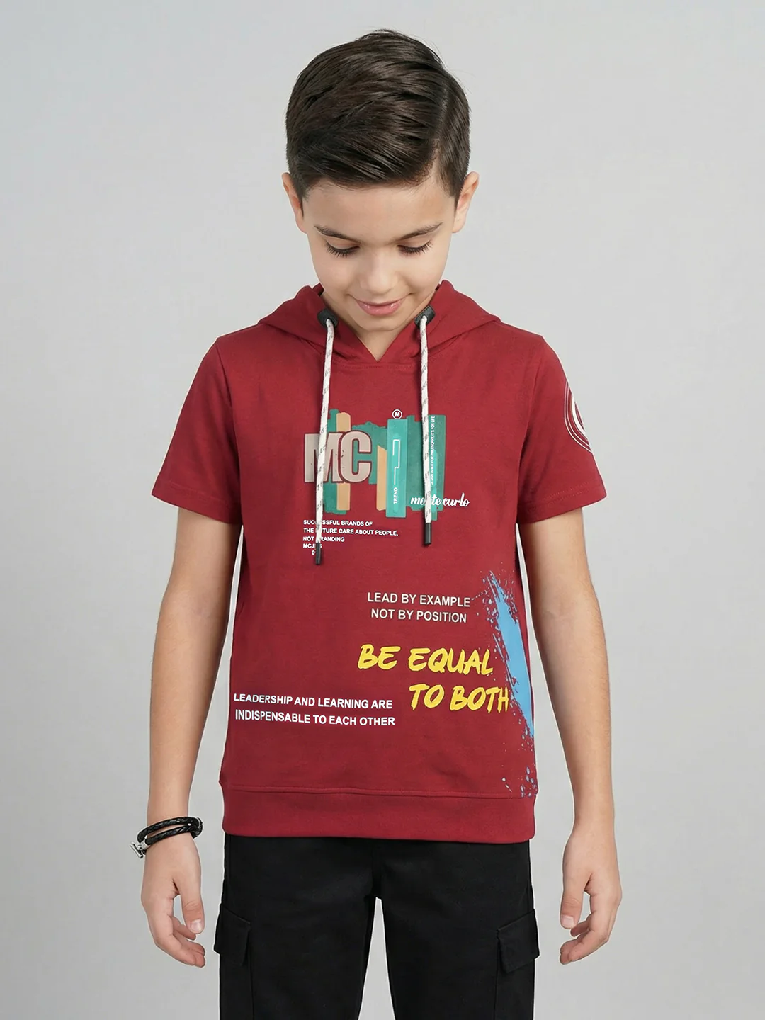Boys Maroon Printed Hooded Half Sleeve T-Shirt