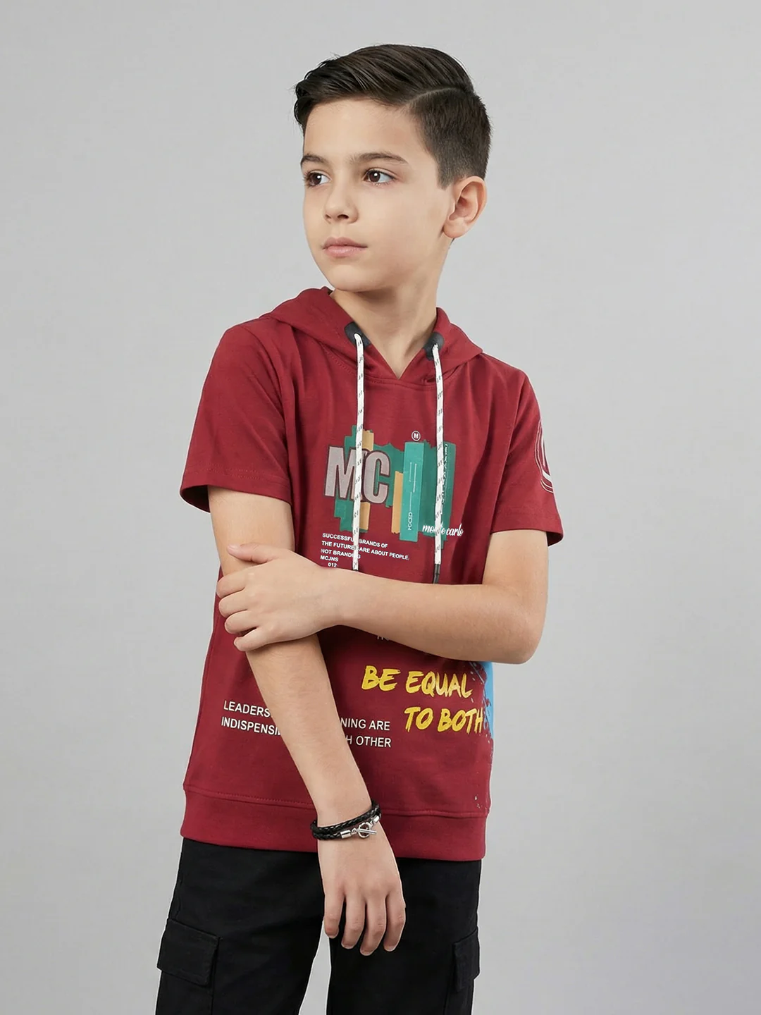 Boys Maroon Printed Hooded Half Sleeve T-Shirt - Image 3